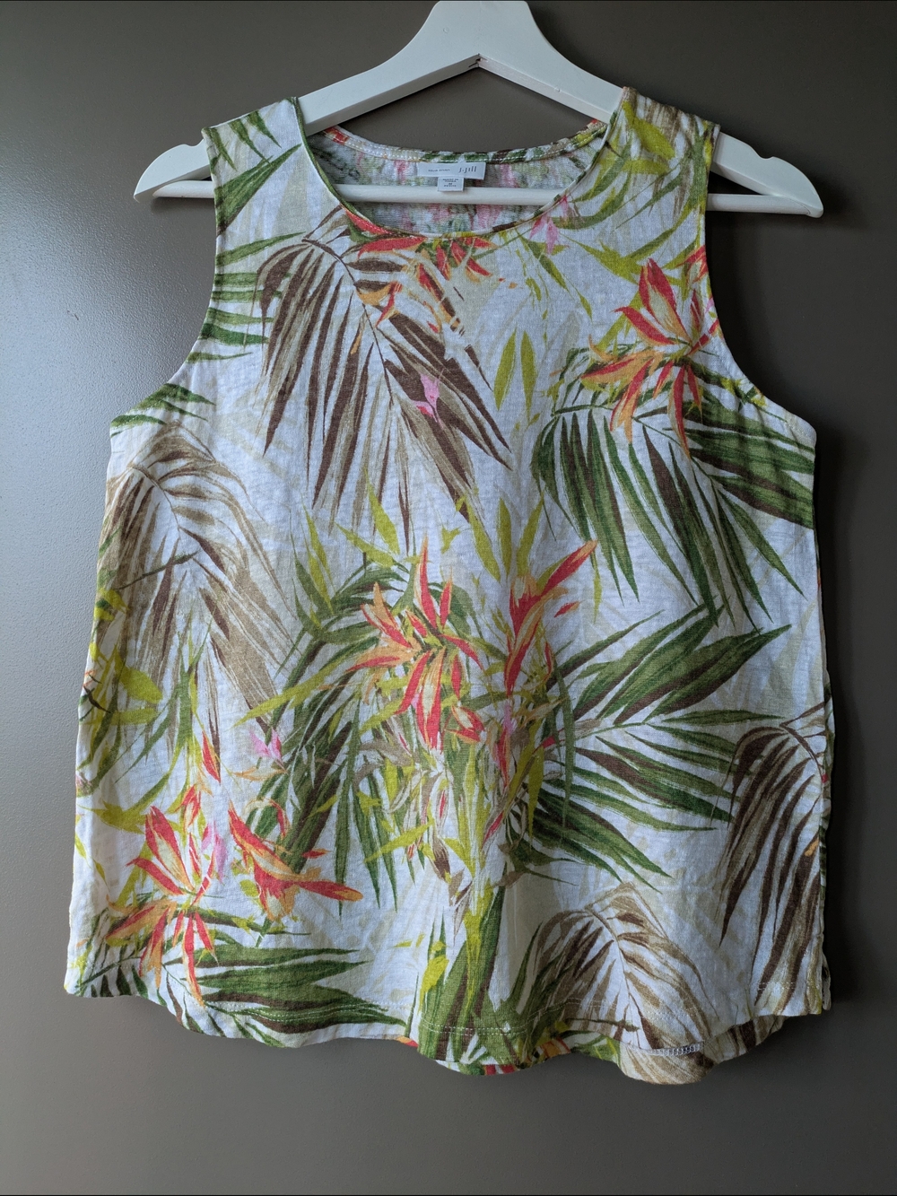 100%Linen J.Jill Tank Top White Tropical Print Medium Coastal Grandmother Resort